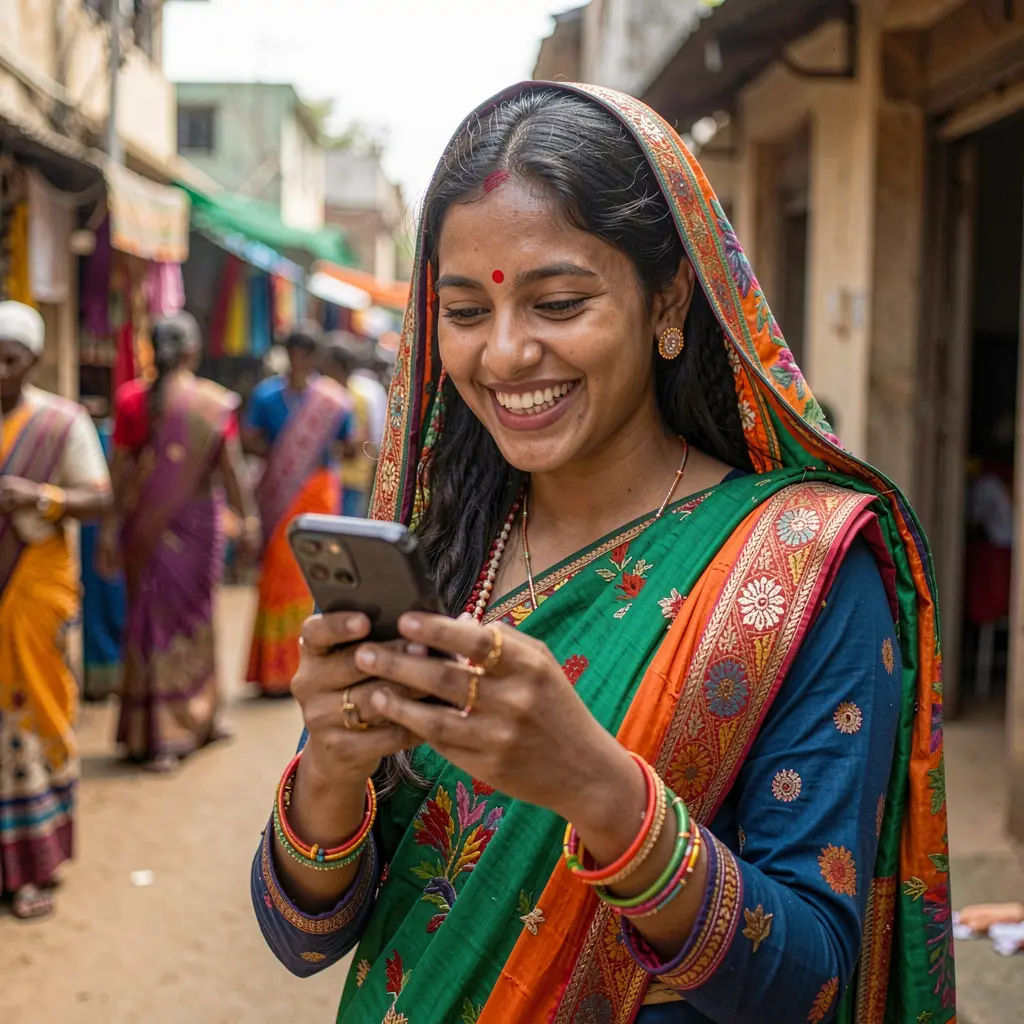 Smiling Bangladeshi woman wearing a colorful traditional outfit and hijab browsing the 9BBD casino app on her smartphone