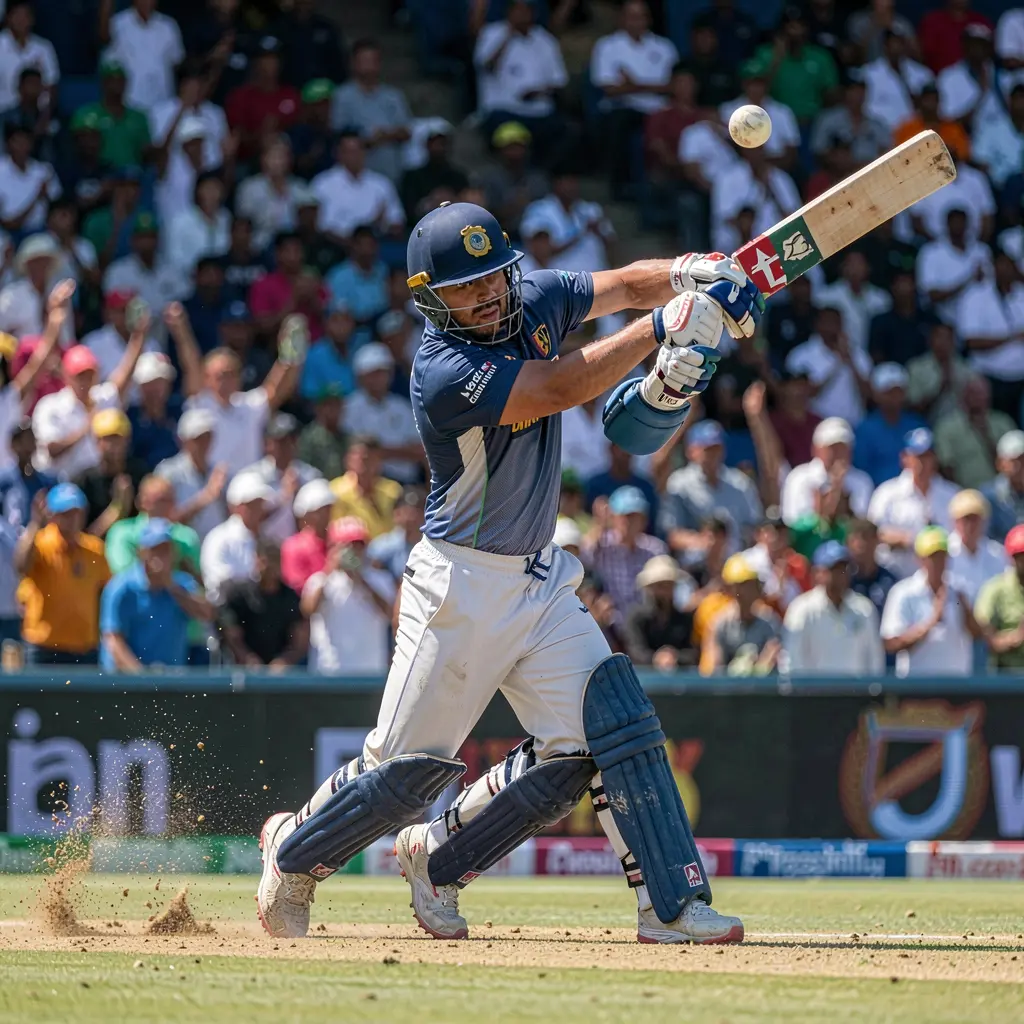 Dynamic cricket moment with batsman striking the ball in a packed stadium showcasing the excitement of live cricket betting with 9BBD in Bangladesh