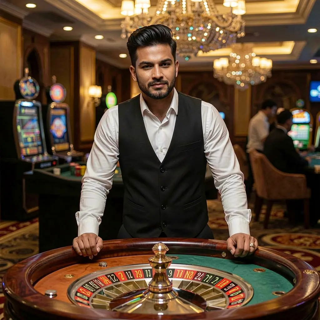 Confident casino dealer in a vest and tie standing by a glowing roulette table inside a luxury casino atmosphere at 9BBD for players in Bangladesh