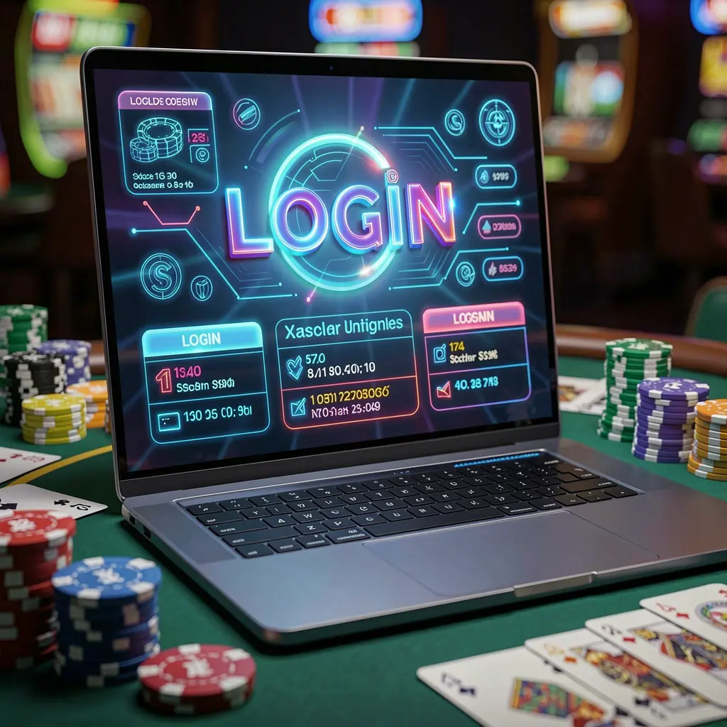 Modern laptop displaying the 9BBD login screen with a glowing interface and blurred casino chips and cards in the background