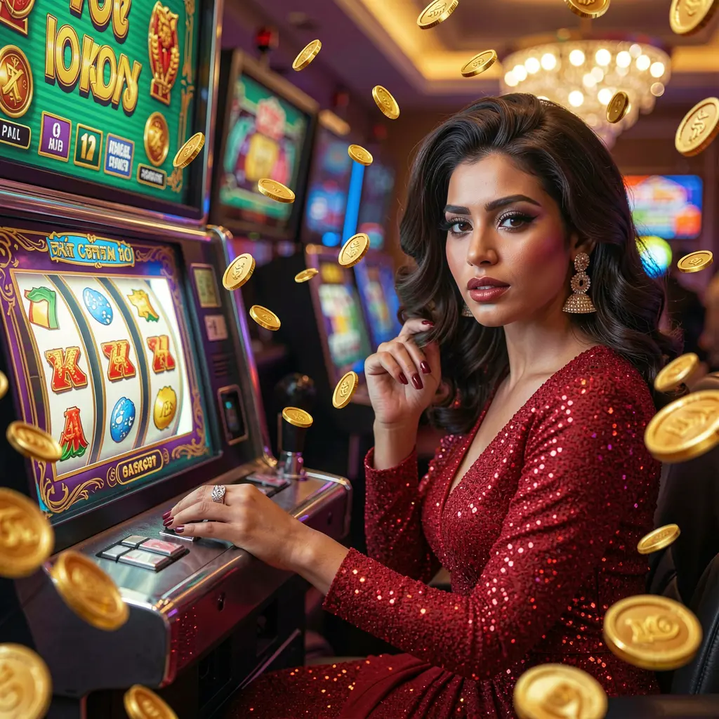 Elegant player enjoying premium slot gameplay with vibrant lights and falling coins at 9BBD online casino in Bangladesh